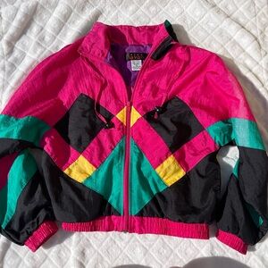 Vintage 1990s kids windbreaker color block jacket zip up retro 100% nylon s 7/8